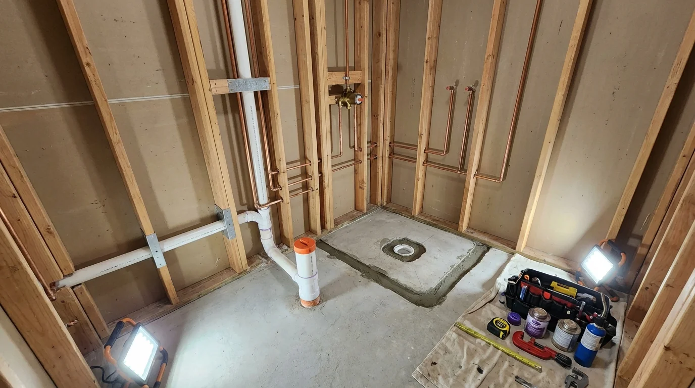 Bathroom rough-in plumbing during remodel by Johns Plumbing LLC in Cheswold