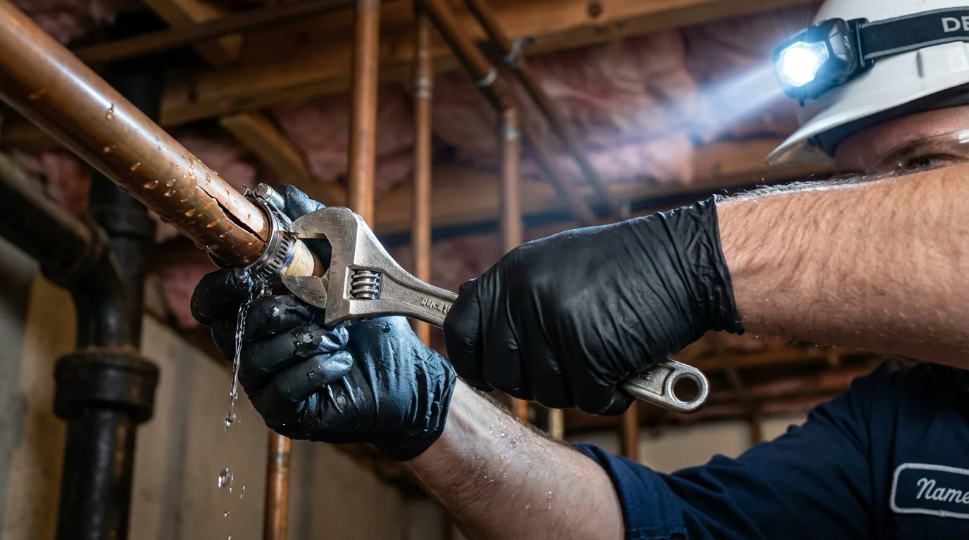 Emergency pipe clamp repair being performed by a Johns Plumbing LLC plumber in Cheswold