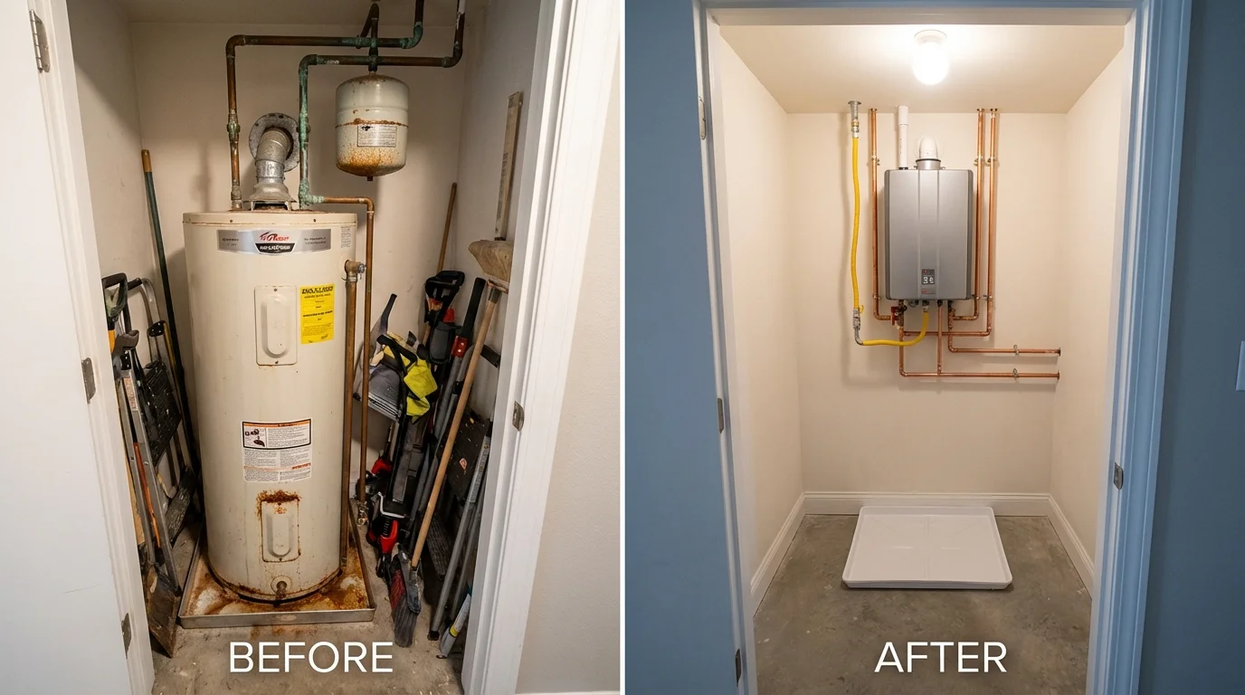 Tank water heater versus wall-mounted tankless unit comparison for Cheswold, DE homeowners
