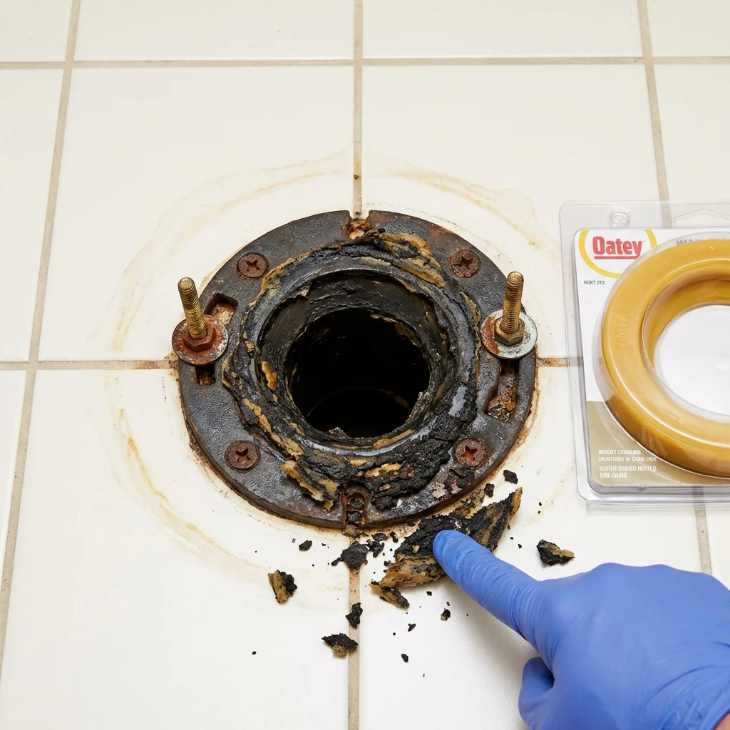 Failed wax ring showing water seepage at the base of a toilet in a Cheswold, DE home